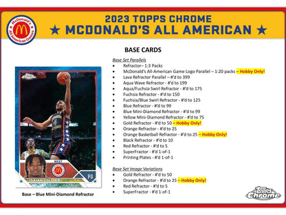 2023 Topps McDonald’s All American Chrome basketball base card checklist featuring red refractor parallel