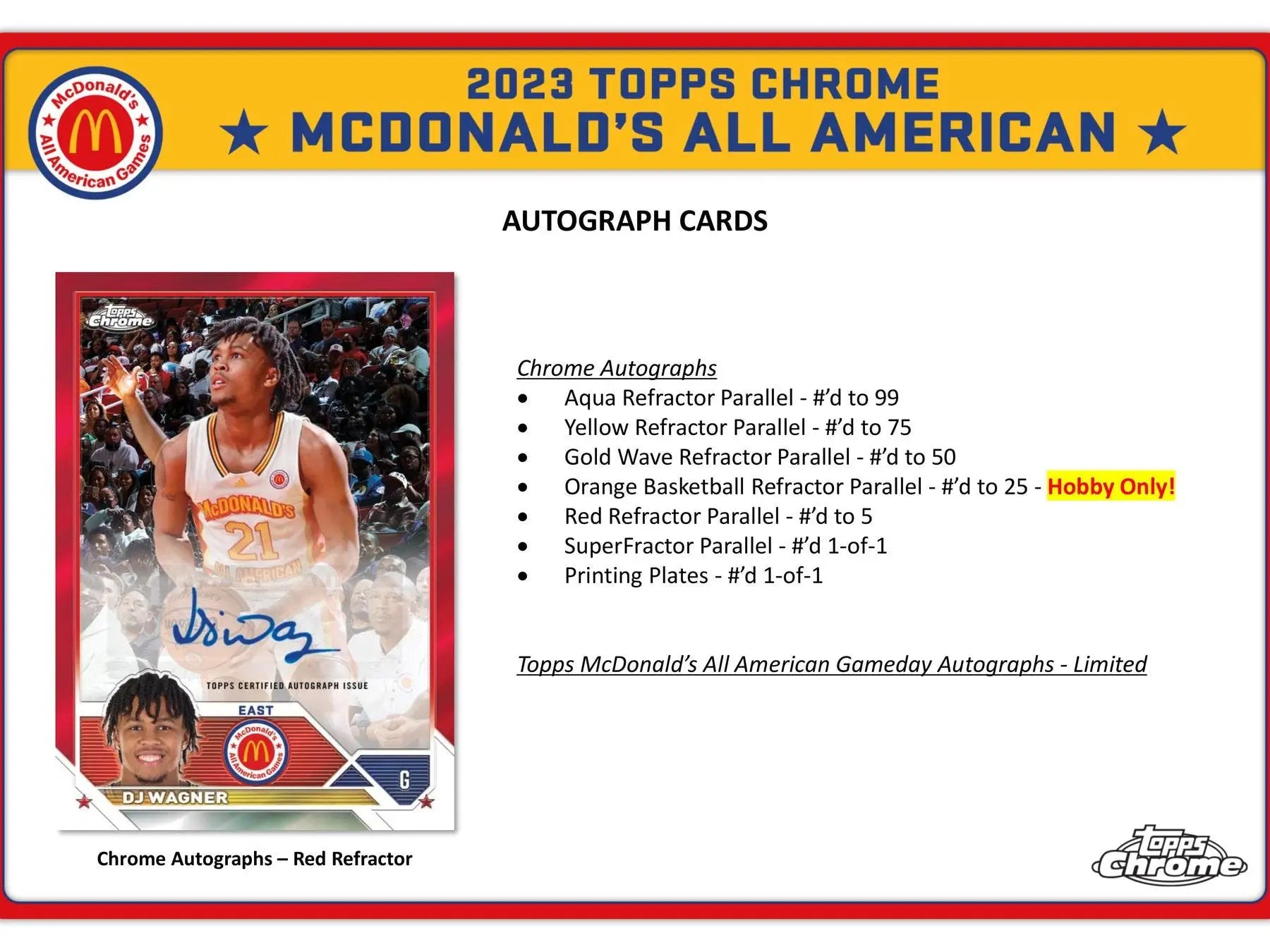 2023 Topps McDonald’s All American Chrome Basketball Hobby Box with red refractor parallel autograph cards