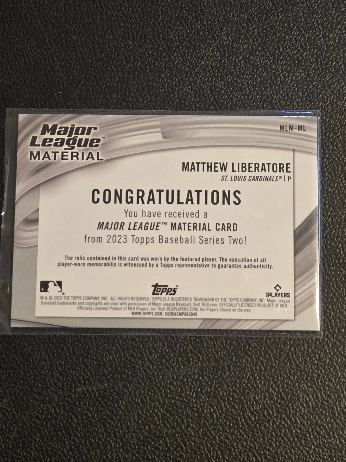 Baseball trading card featuring Matthew Liberatore Major League Material Relics 2023