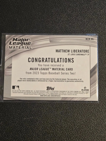 Baseball trading card featuring Matthew Liberatore Major League Material Relics 2023