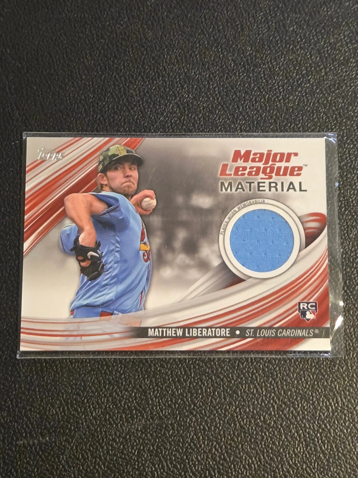 Baseball trading card featuring Matthew Liberatore with light blue jersey relic from Liberatore Major League