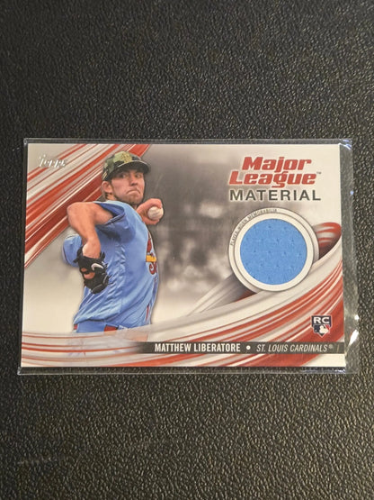 Baseball trading card featuring Matthew Liberatore with light blue jersey relic from Liberatore Major League
