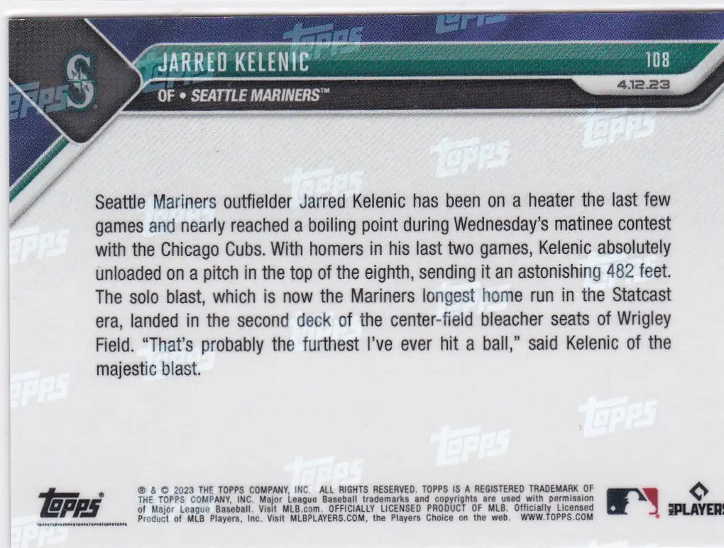 Back of 2023 TOPPS NOW Jarred Kelenic Seattle Mariners trading card featuring player details