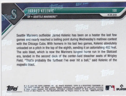 Back of 2023 TOPPS NOW Jarred Kelenic Seattle Mariners trading card featuring player details