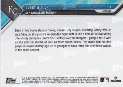 Baseball trading card featuring Bobby Witt Jr. of the Kansas City Royals 2023 TOPPS NOW