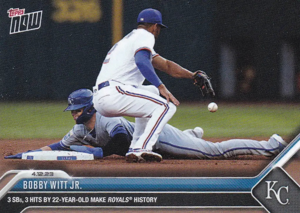 Baseball trading card featuring Bobby Witt Jr. sliding into a base Kansas City Royals player