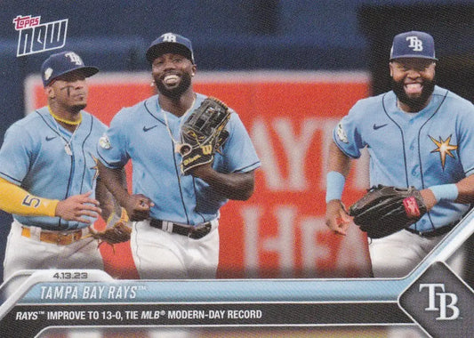 Baseball card of three Tampa Bay Rays players in light blue uniforms for 2023 TOPPS NOW