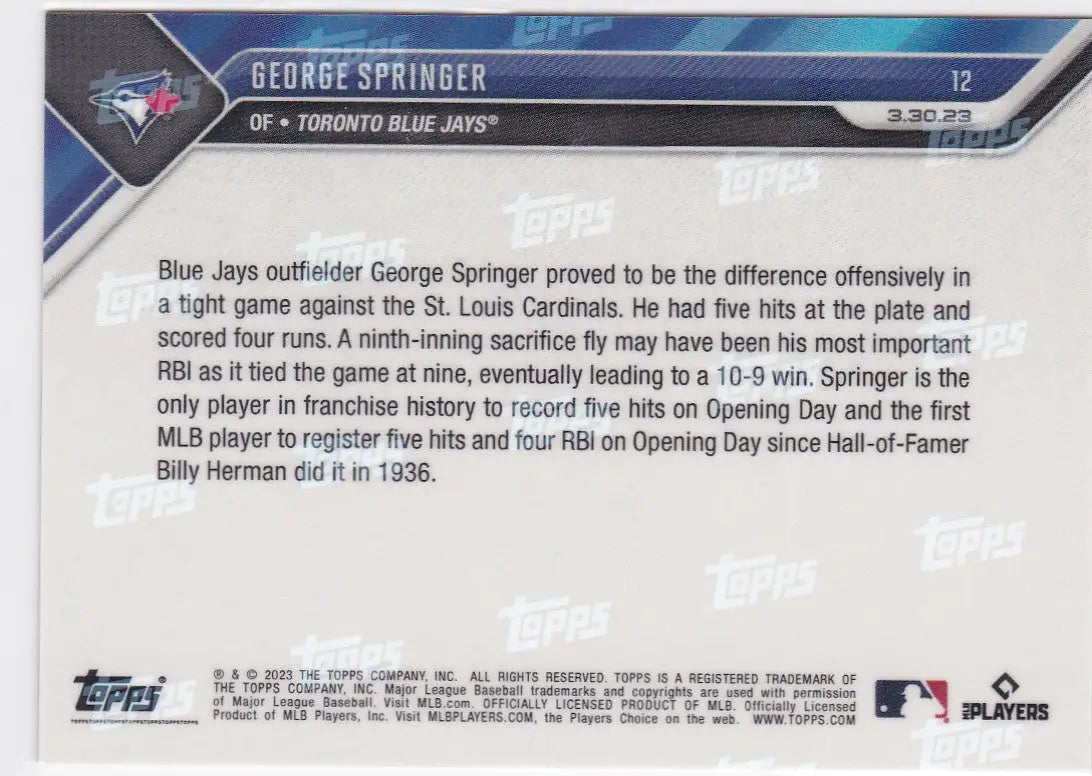 2023 TOPPS NOW #12 GEORGE SPRINGER- TORONTO BLUE JAYS