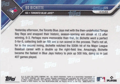 Back of a Bo Bichette Toronto Blue Jays baseball card from 2023 TOPPS NOW series