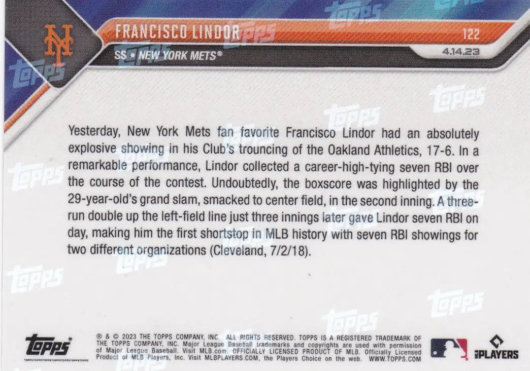 2023 TOPPS NOW Francisco Lindor baseball card featuring New York Mets player