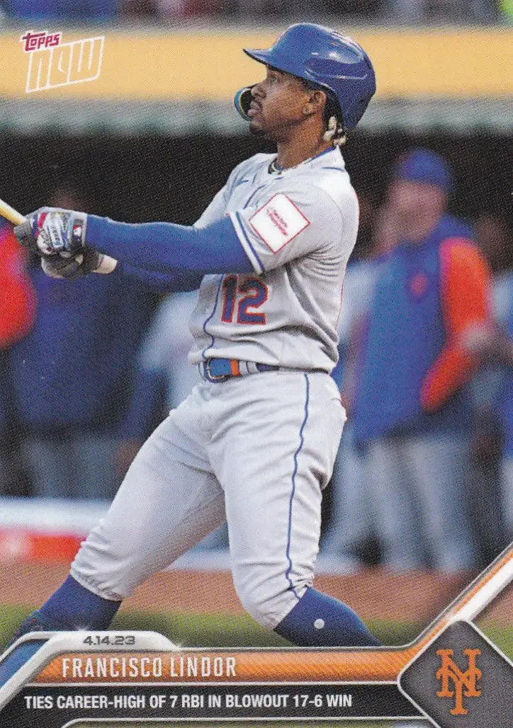 Baseball trading card of Francisco Lindor in New York Mets uniform 2023 TOPPS NOW