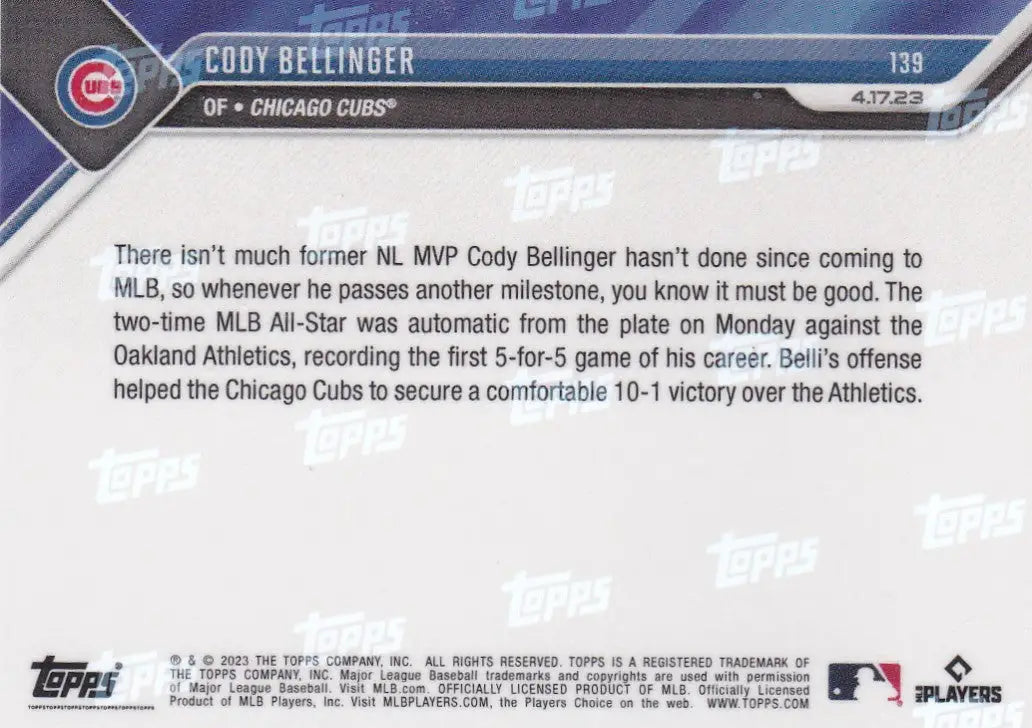Baseball card of Cody Bellinger Chicago Cubs from 2023 TOPPS NOW series