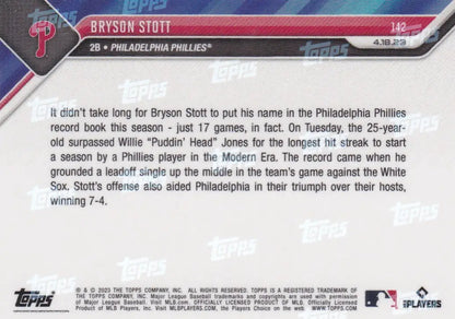Back of a baseball card featuring Bryson Stott Philadelphia Phillies 2023 TOPPS NOW #142