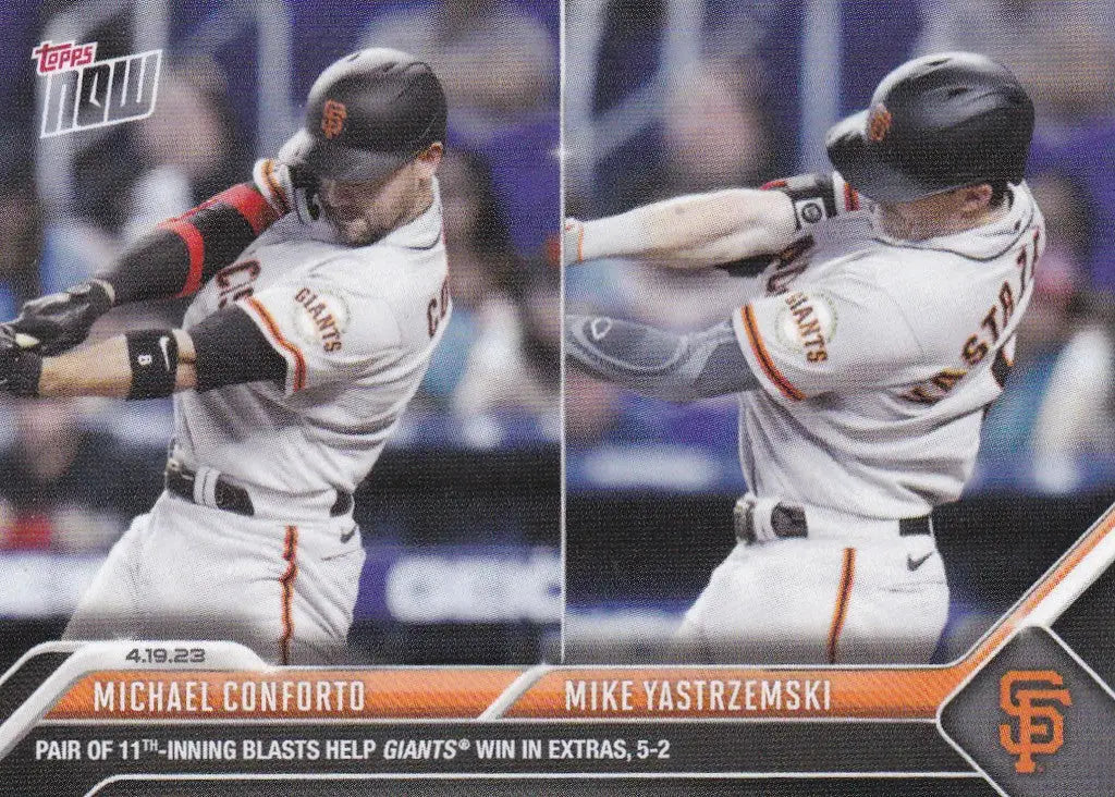 Topps Now baseball card featuring Michael Conforto and Mike Yastrzemski of the San Francisco Giants