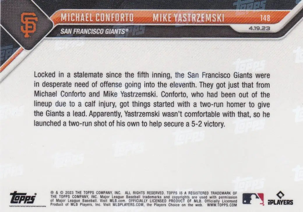 Back of a 2023 TOPPS NOW baseball card featuring San Francisco Giants players Michael Conforto and Mike Yastrzemski