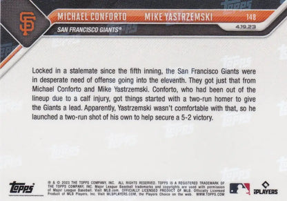 Back of a 2023 TOPPS NOW baseball card featuring San Francisco Giants players Michael Conforto and Mike Yastrzemski