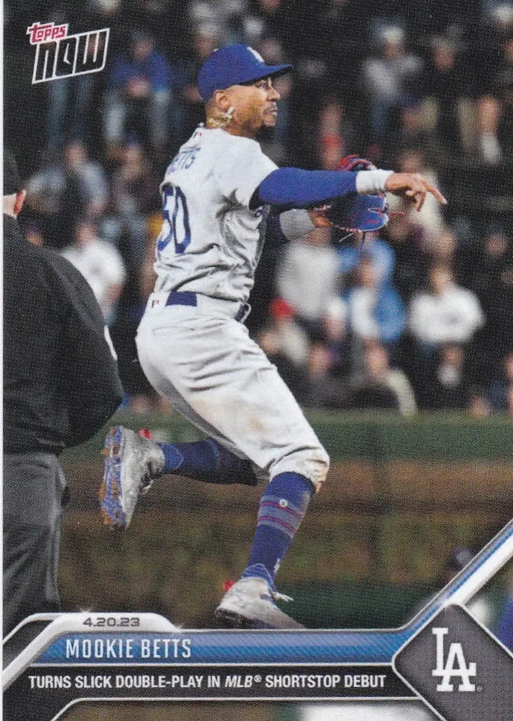 Baseball trading card of Mookie Betts making a play for Los Angeles Dodgers