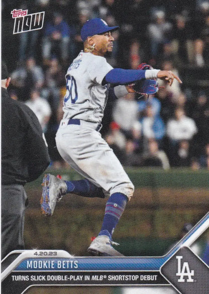 Baseball trading card of Mookie Betts making a play for Los Angeles Dodgers