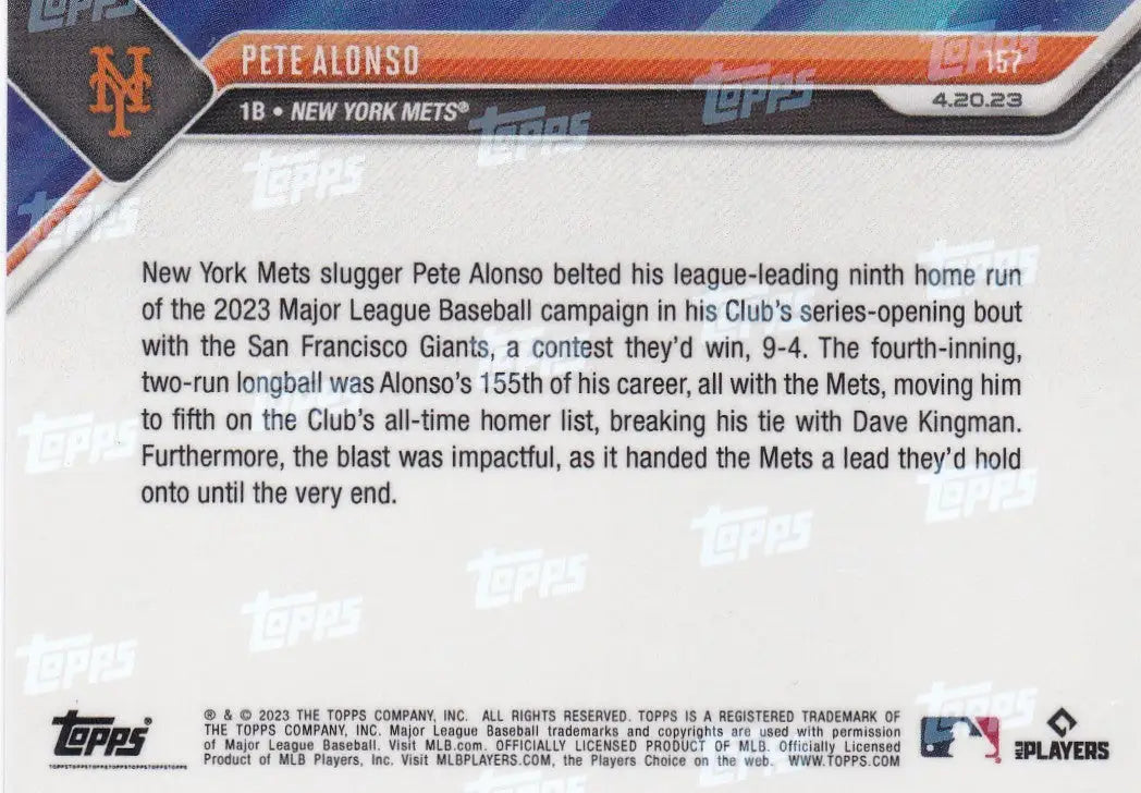 Baseball trading card of Pete Alonso from the 2023 TOPPS NOW NY Mets collection