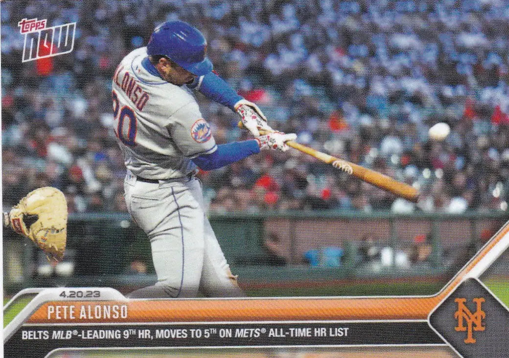 Topps Now baseball card featuring Pete Alonso of the New York Mets hitting a home run