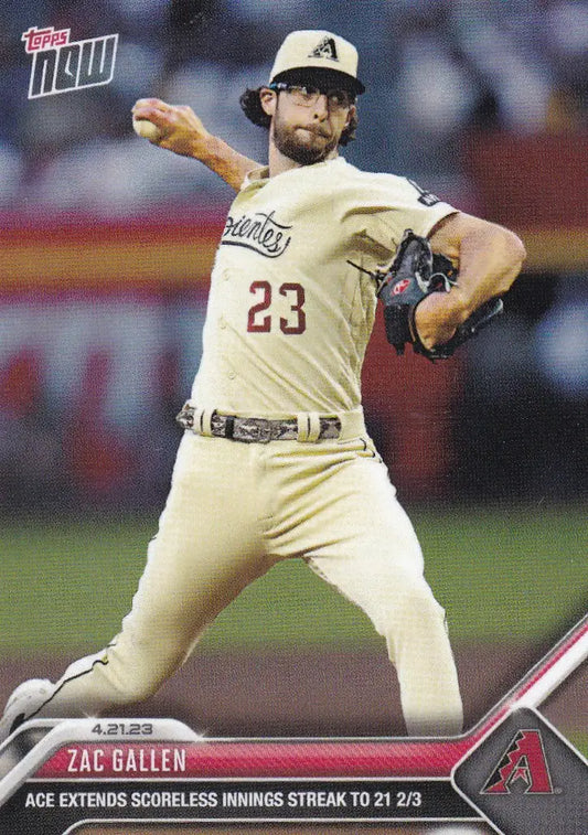 Baseball card of Zac Gallen Arizona Diamondbacks pitcher in cream uniform 2023 TOPPS NOW