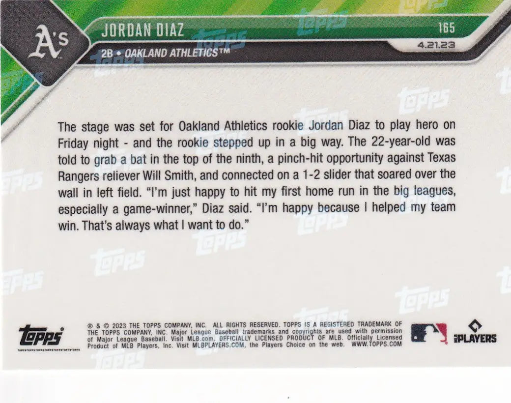 2023 TOPPS NOW #165 JORDAN DIAZ- OAKLAND ATHLETICS