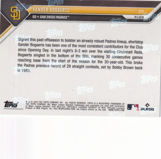 2023 TOPPS NOW #221 XANDER BOGAERTS- SAN DIEGO PADRES