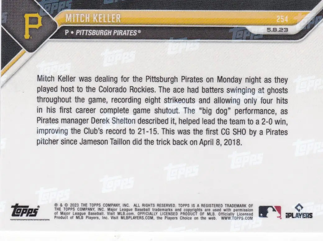 2023 TOPPS NOW #254 MITCH KELLER- PITTSBURGH PIRATES