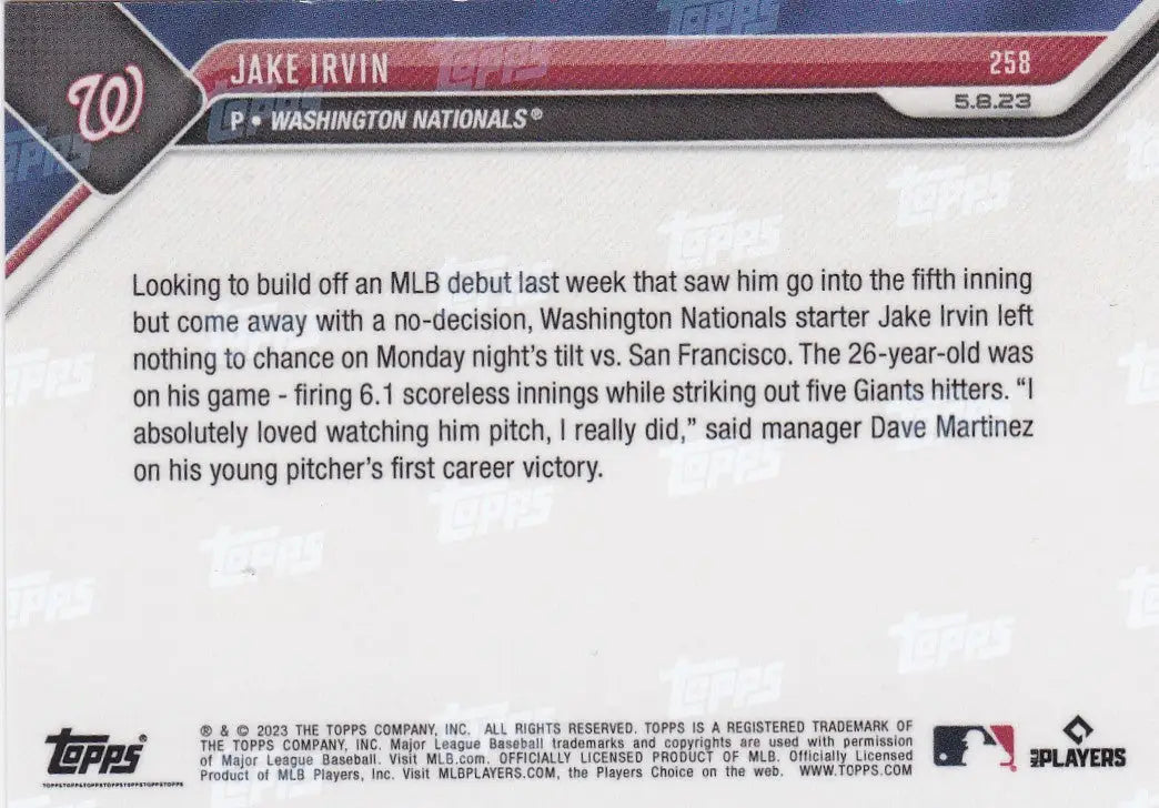 2023 TOPPS NOW #258 JAKE IRVIN- WASHINGTON NATIONALS