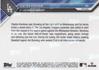 2023 TOPPS NOW #265 CLAYTON KERSHAW- LOS ANGELES DODGERS