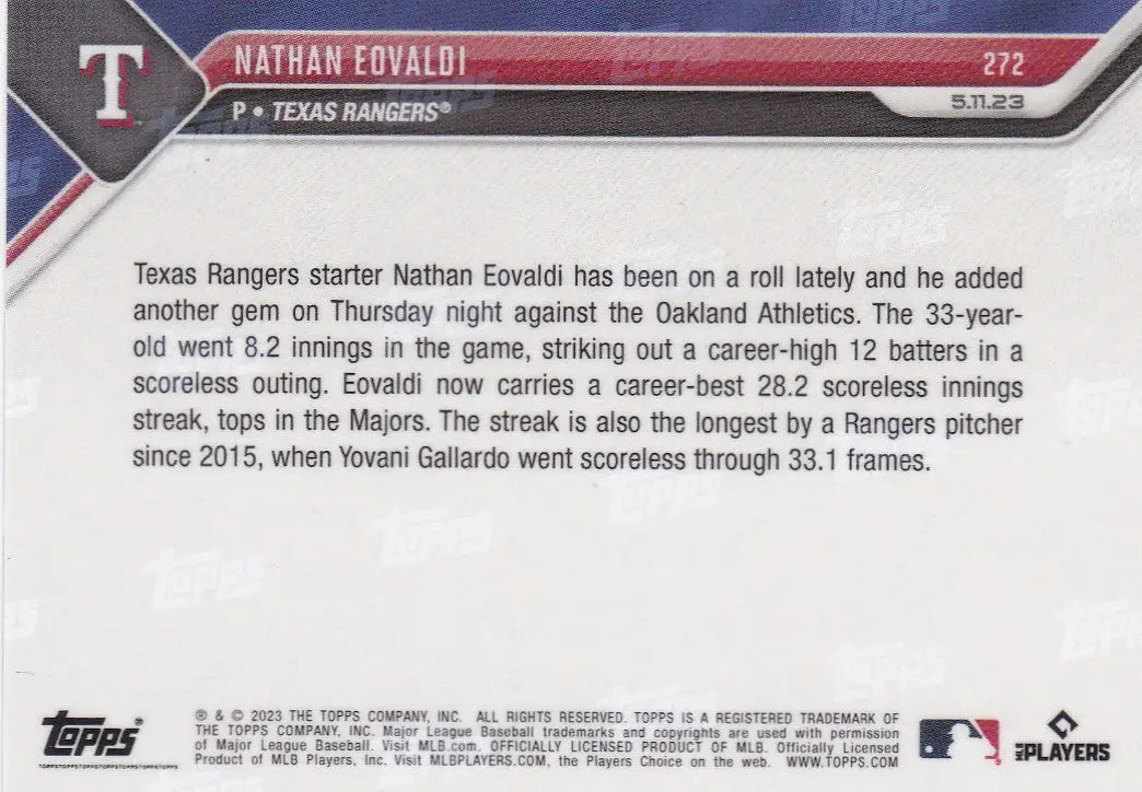 2023 TOPPS NOW #272 NATHAN EOVALDI- TEXAS RANGERS