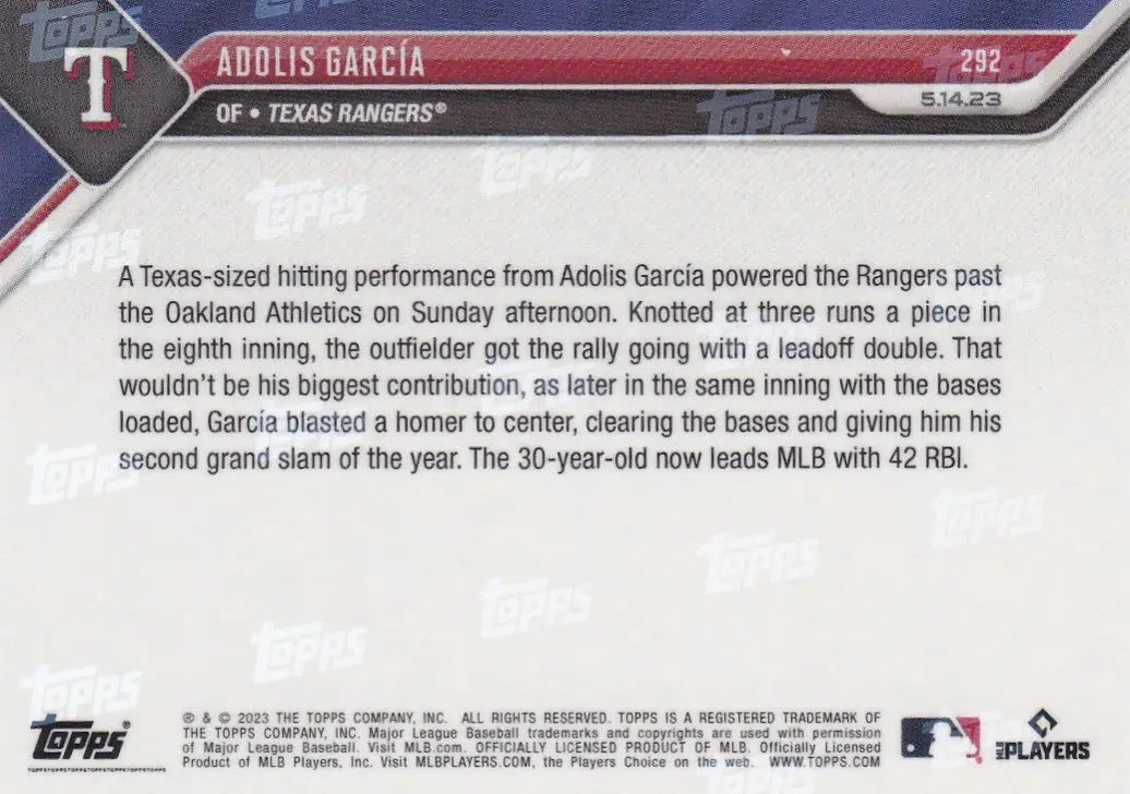 2023 TOPPS NOW #292 ADOLIS GARCIA- TEXAS RANGERS