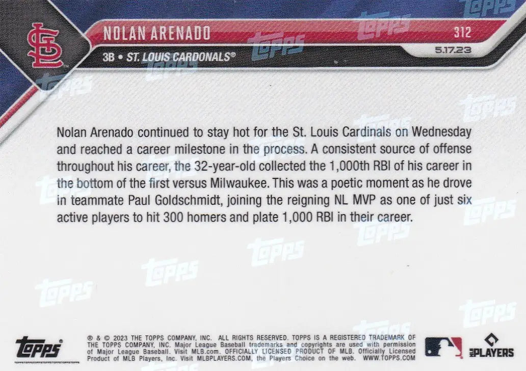 2023 TOPPS NOW #312 NOLAN ARENADO- ST LOUIS CARDINALS - Trading Card