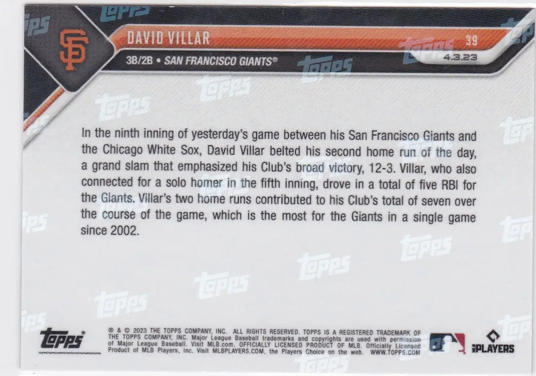 2023 TOPPS NOW #39 DAVID VILLAR- SAN FRANCISCO GIANTS