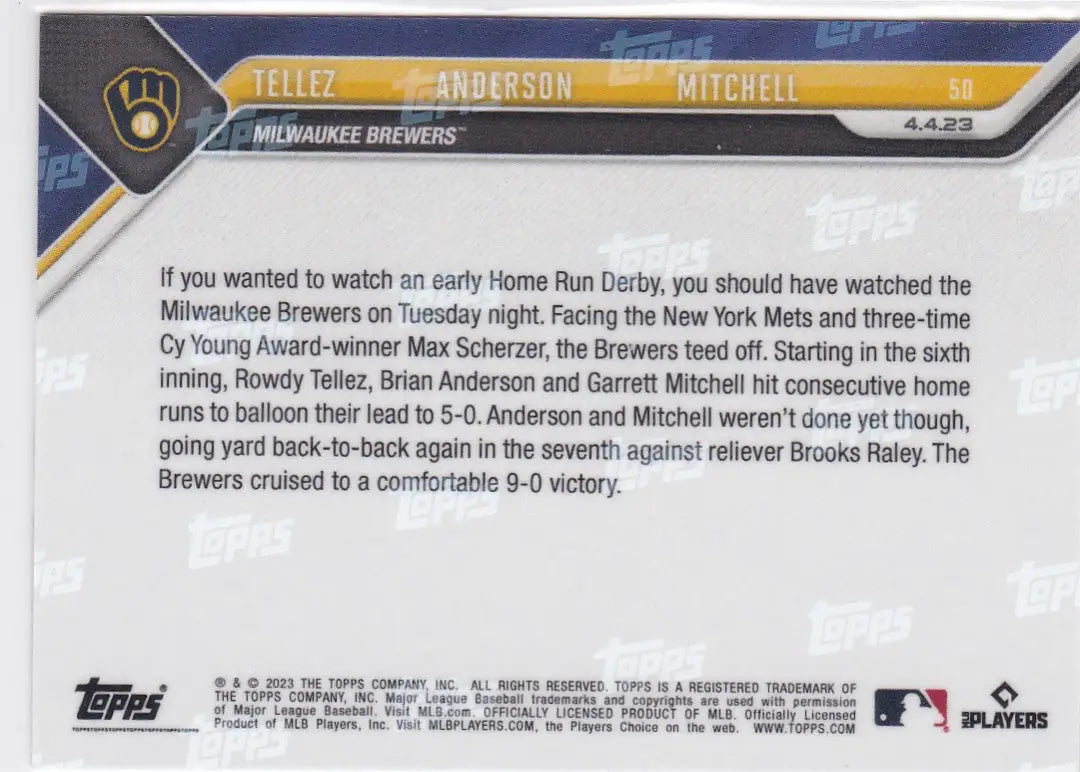 2023 TOPPS NOW #50 TELLEZ & ANDERSON & MITCHELL- MILWAUKEE BREWERS