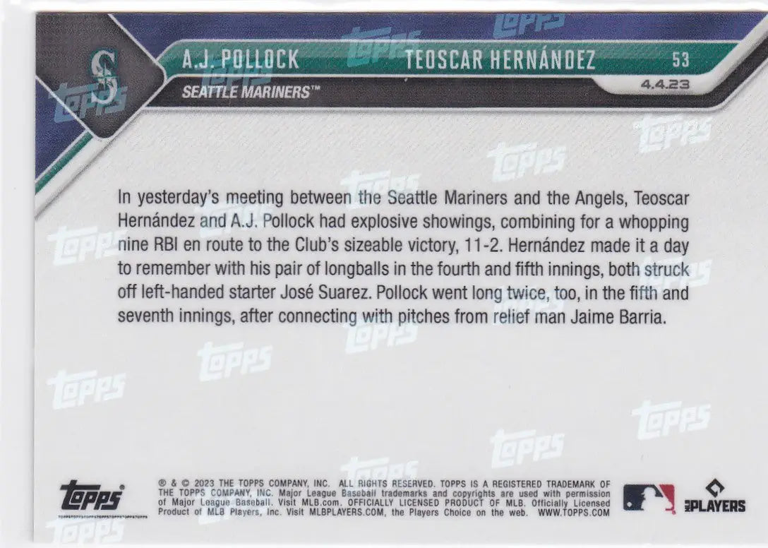 Baseball card featuring A.J. Pollock and Teoscar Hernández of the Seattle Mariners