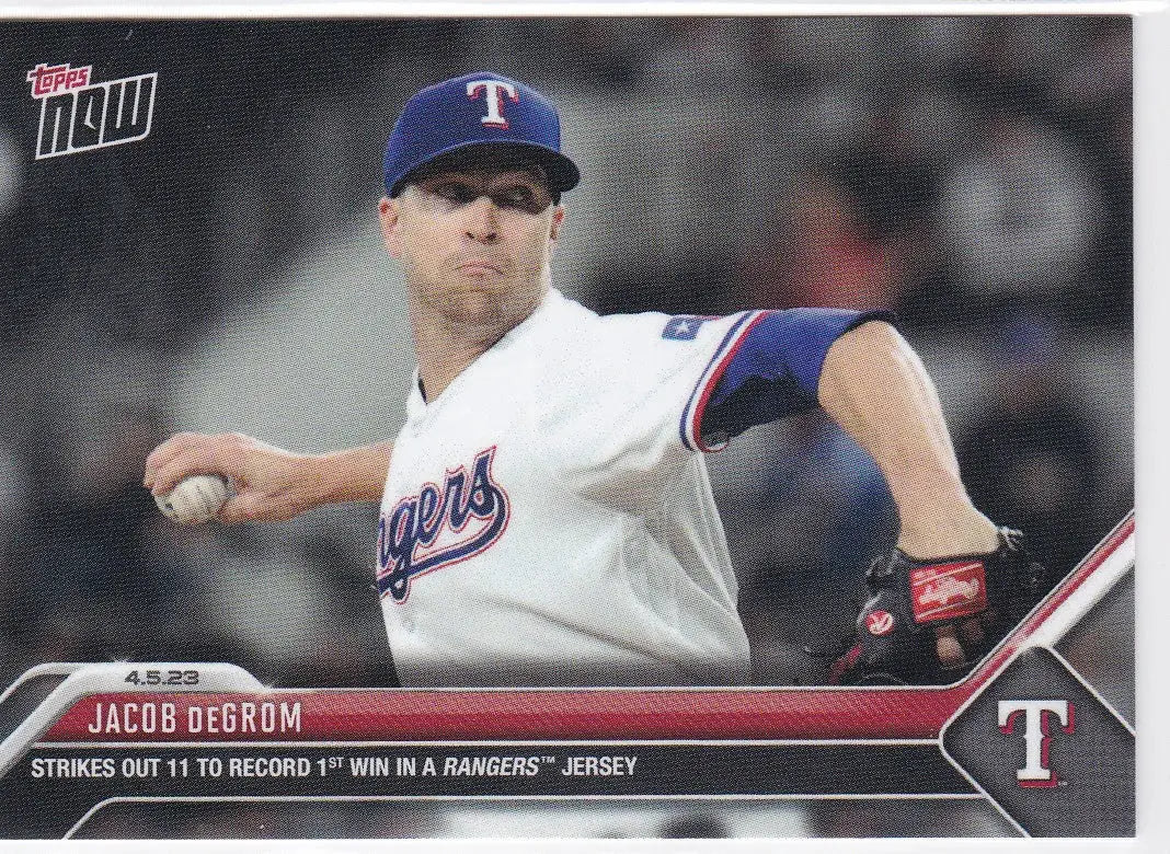 Baseball card of Jacob deGrom Texas Rangers pitching from 2023 TOPPS NOW #58