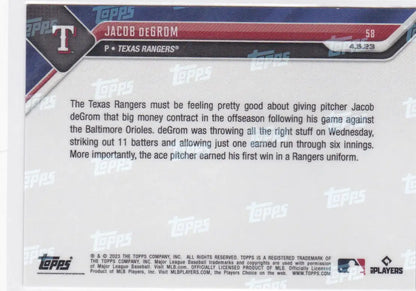 Baseball trading card of Jacob deGrom Texas Rangers from 2023 TOPPS NOW series