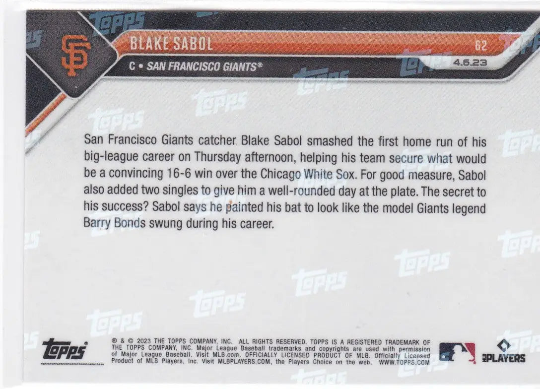 Back of 2023 TOPPS NOW Blake Sabol San Francisco Giants baseball card showing stats