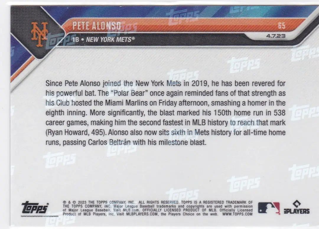 Back of Pete Alonso Topps baseball card from 2023 TOPPS NOW #65 New York Mets