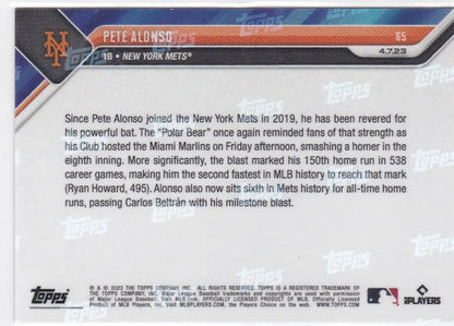 Back of Pete Alonso Topps baseball card from 2023 TOPPS NOW #65 New York Mets