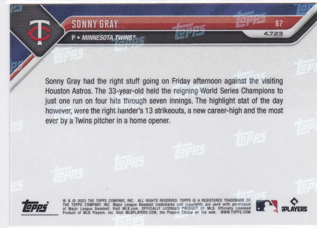 Back of a 2023 TOPPS NOW Sonny Gray Minnesota Twins trading card display