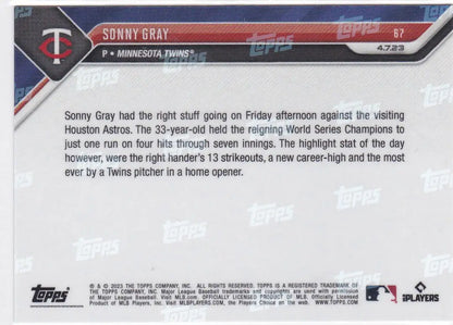 Back of a 2023 TOPPS NOW Sonny Gray Minnesota Twins trading card display