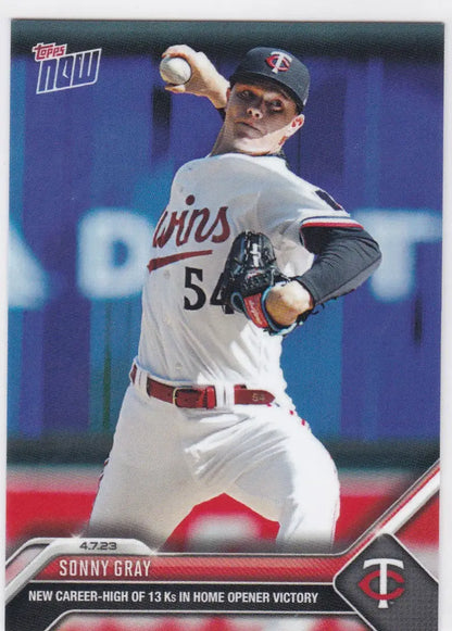 Topps Now baseball card featuring Sonny Gray pitching for the Minnesota Twins 2023