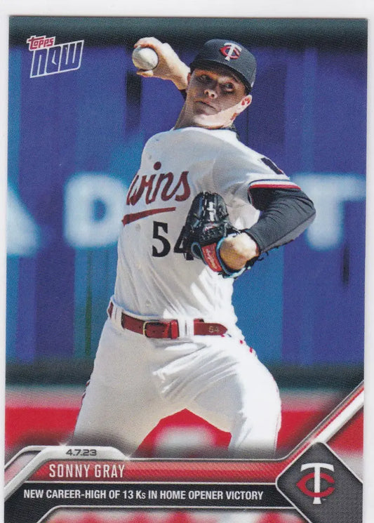 Topps Now baseball card featuring Sonny Gray pitching for the Minnesota Twins 2023