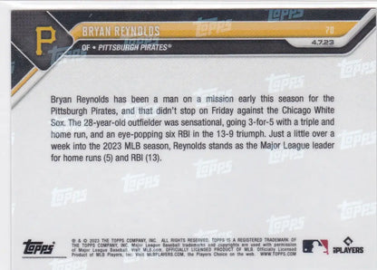 Back of 2023 TOPPS NOW #70 Bryan Reynolds Pittsburgh Pirates baseball card showing player details