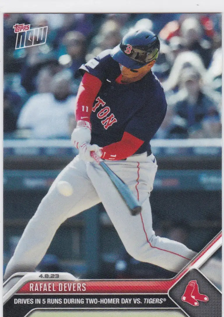 Topps Now baseball card featuring Rafael Devers of the Boston Red Sox mid-swing