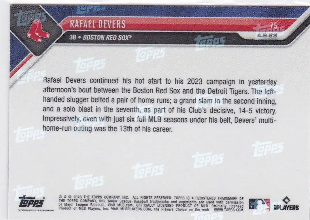 Baseball trading card of Rafael Devers Boston Red Sox 2023 TOPPS NOW #75