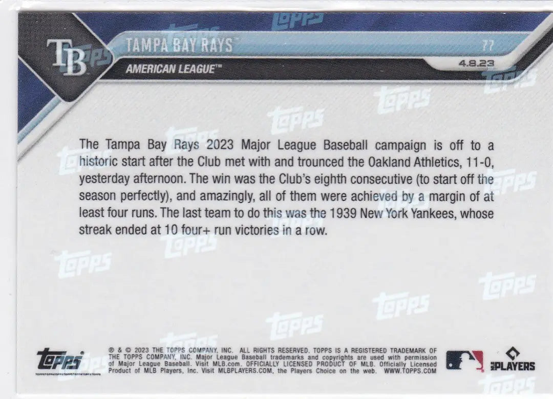 Back of 2023 TOPPS NOW Tampa Bay Rays baseball card showcasing Tampa Bay Rays team details