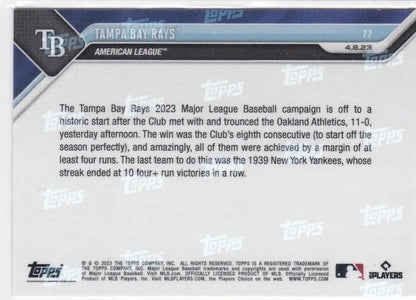 Back of 2023 TOPPS NOW Tampa Bay Rays baseball card showcasing Tampa Bay Rays team details